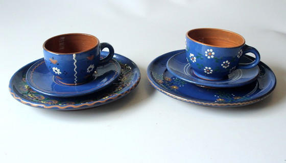 Image 1 of 2 Kaffeegedecke Keramik dunkelblau handgetöpfert handbemalt