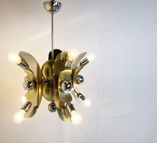 Lampadario italiano vintage in ottone e cromo