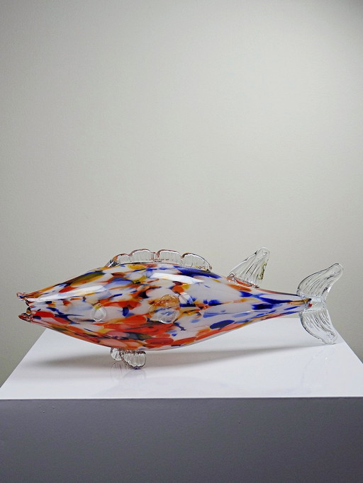 Gros poisson décoratif verre soufflé moucheté de Murano vintage