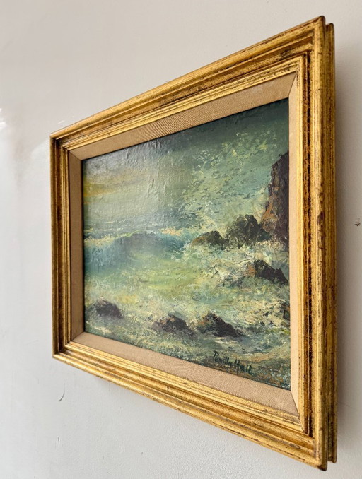 Vintage Seascape Oil Painting of Cornwall with Gold Frame 