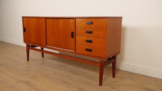 Wooden Sideboard with Sliding Doors and Drawers, Brown, Mid Century Modern (photo 3 of 9)