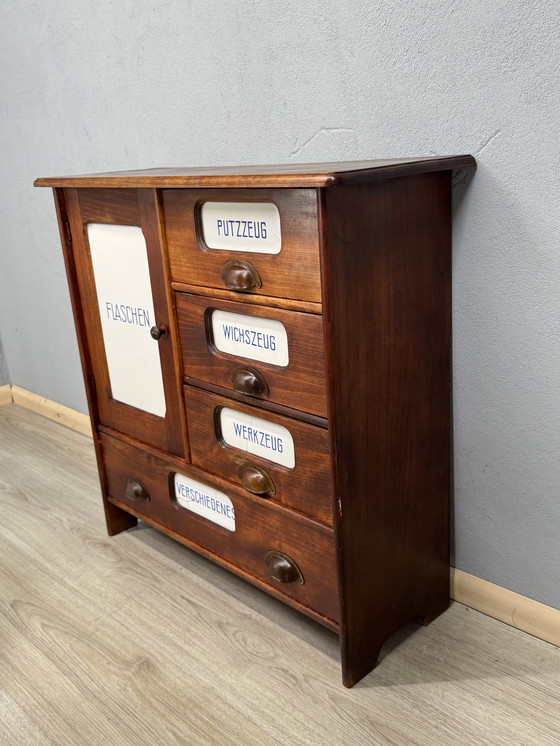 Image 1 of Antique kitchen cabinet with porcelain drawer plates | ca. 1900-1930