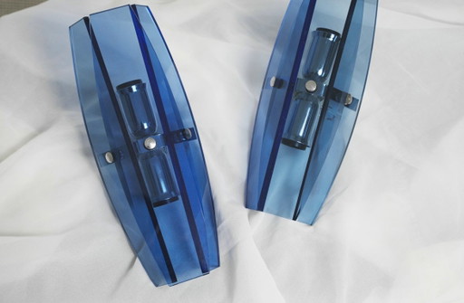 Veca blauwe glazen Italiaanse wandlampen set van 2 Fontana Arte mid-century moderne facetglazen lampen