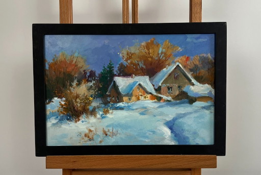 Original Oil Painting Winter House Landscape Houses under a blanket of snow