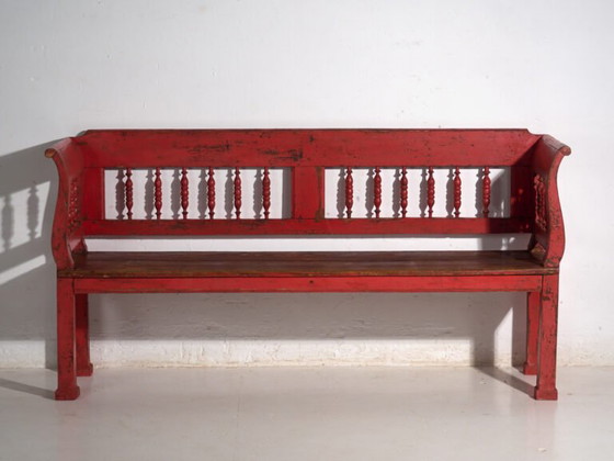 Antique red painted pine bench with turned back – Central Europe, circa 1900 – Benches, Rustic (photo 27 of 40)