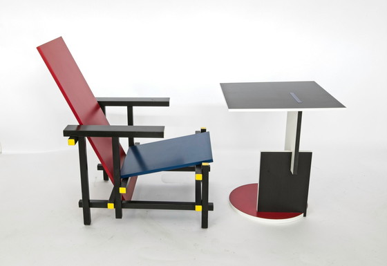 Image 1 of Red-blue chair (without proof) & Schroeder table by Gerrit Rietveld for Cassina, set of 2