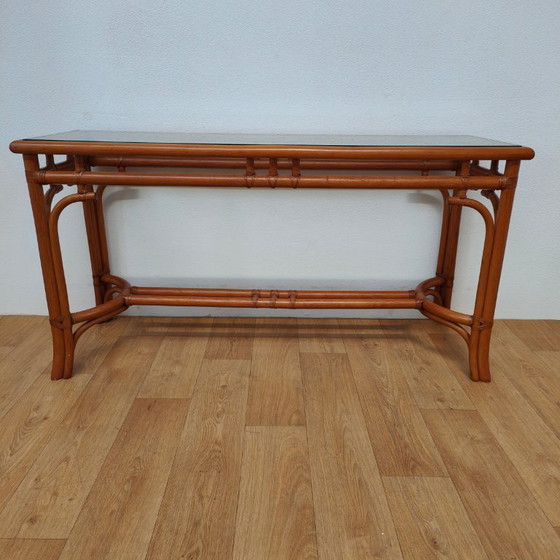 Image 1 of Vintage Rattan Side Table with Glass Top