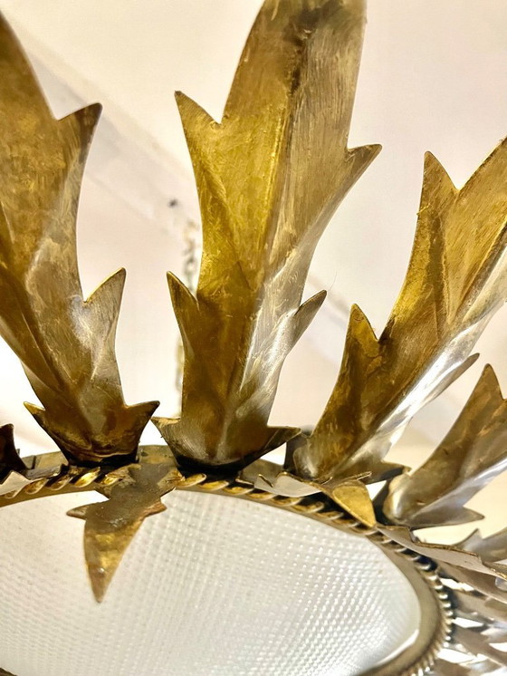 Image 1 of Grand lustre soleil metal dorée et verre bombé ,1950s