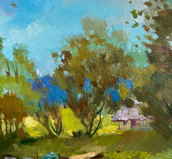 Image 1 of Original Oil Painting Summer River Landscape A quiet ferryman in the village