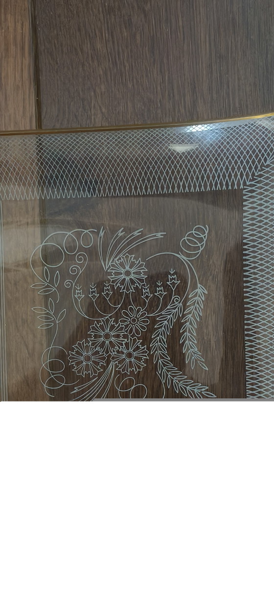 Vintage Glazen Serveerschaal Met Goudkleurige Rand En Bloemmotief – Glaskunst, Glass (photo 4 of 4)