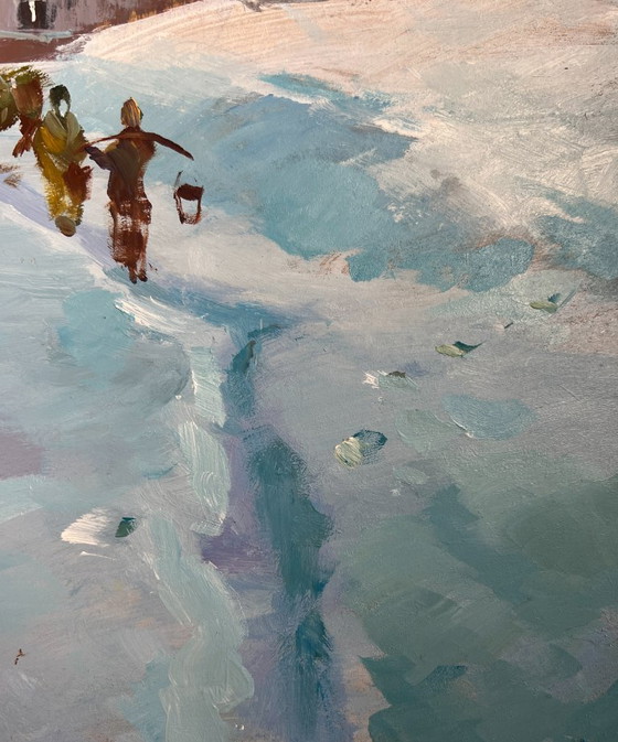 Image 1 of Original Oil Painting Winter House Landscape Path through snowdrifts