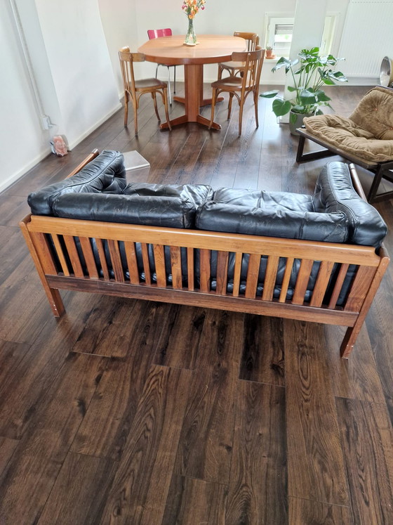 Image 1 of Mid-Century Modern Scandinavian Black Leather and Wood Monte Carlo Sofa by Ingvar Stockum, 1965