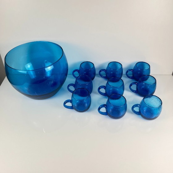 Image 1 of Punschset für 9 Personen, Biot-Stil, kobaltblaues, geblasenes Glas, 1970