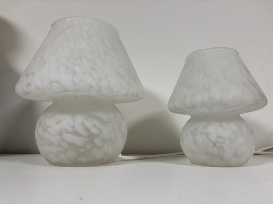 Image 1 of Set of 2 Vintage "mushroom" lamps made of white marbled glass