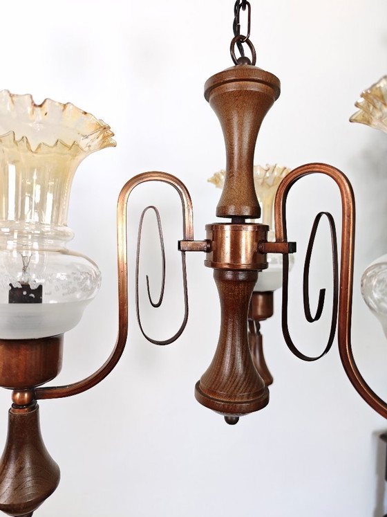 Image 1 of Vintage Amber Glass Chandelier / 1970s Yugoslavia Pendant Light / Mid Century Modern Ceiling Lamp / Wood & Copper Lighting 