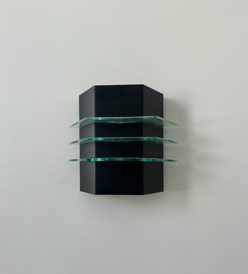 Vintage black metal and glass wall lamp, France 1980