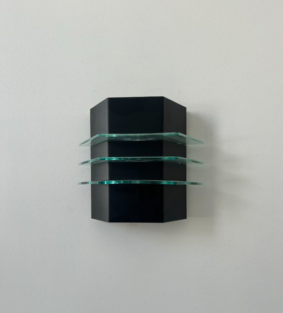 Image 1 of Lampada da parete vintage in metallo nero e vetro, Francia 1980