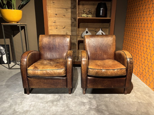 Set Vintage Schapenleren Art deco fauteuils 