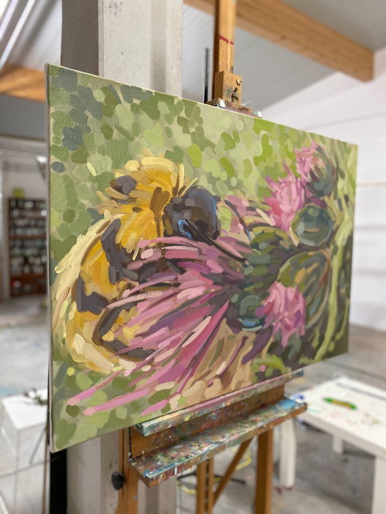 Image 1 of Bumblebee and Thistles, oil on canvas, 100x70cm, Sandra Kolondam