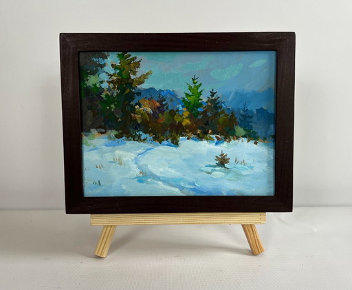 Origineel olieverfschilderij: Winterboslandschap in het besneeuwde bos.