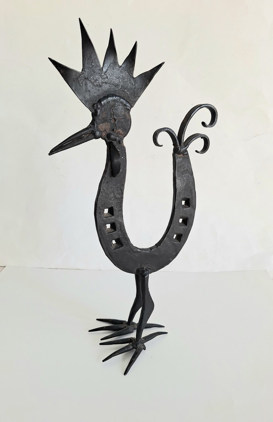 Image 1 of Marolles-style folk art stylized rooster figure from a horseshoe. Vintage 1950-1960.