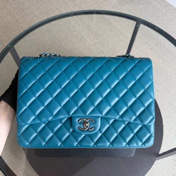 Image 1 of Chanel Classic Flap Maxi - Double Flap 33CM Quilted Lambskin Blue Silver Hardware Series 15