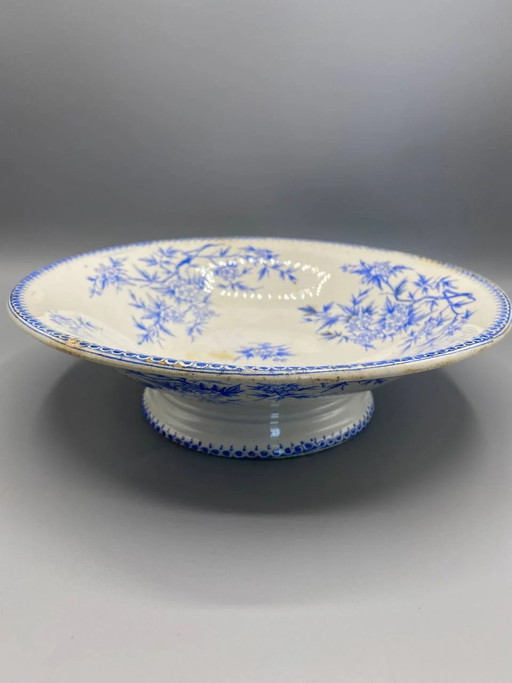 Antique Creil et Montereau Fine Earthenware Compote Dish, Blue Japonisme Decor, Bamboo and Plum Tree – decoratieve objecten