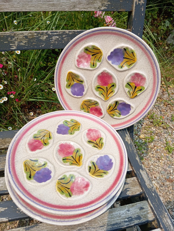 Image 1 of 4 vintage 1960 oyster plates with multicolored floral design by MBFA - France