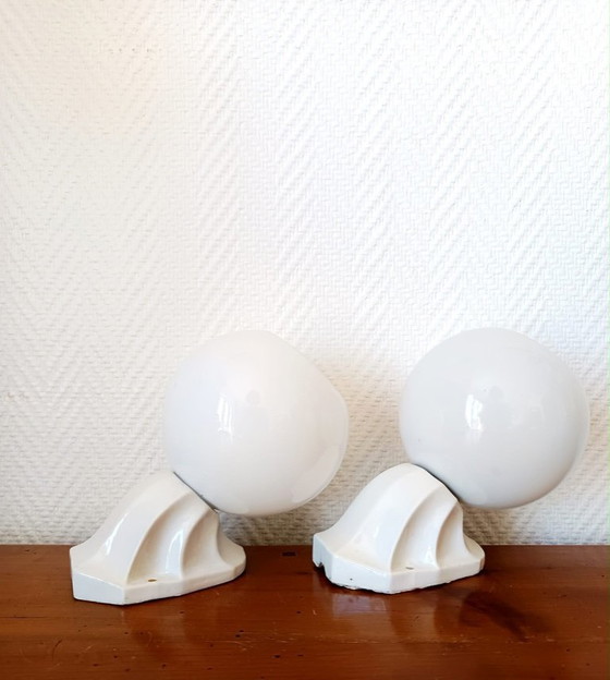 Image 1 of 2x Art Deco Porcelain and Opaline Wall Sconces