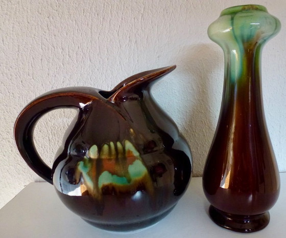 Image 1 of Faience de Thulin - Art Deco earthenware Beak jug + 2 vases.