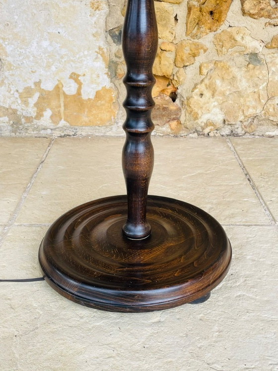 Image 1 of Mid-Century, Turned Wood, Bamboo Rattan Floor Lamp Circa 1950s