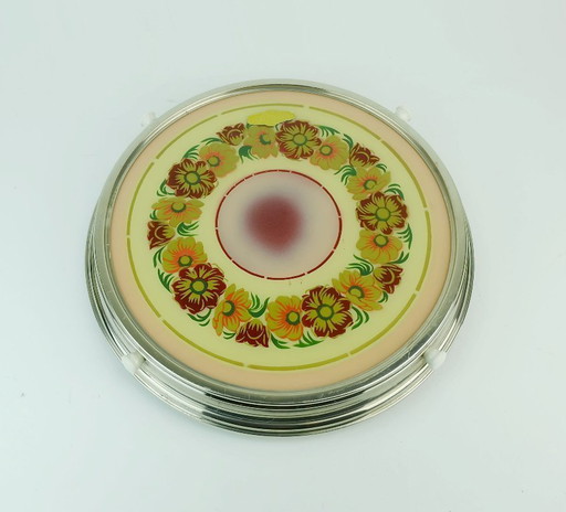 1930s Rotatable Cake Platter Glass Chrome Cake Plate Floral Decor
