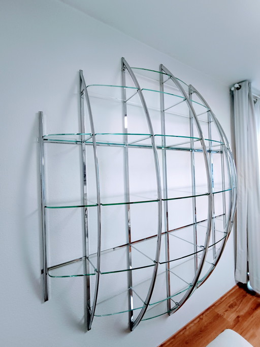 Tyco" shelf by Manfredo Massironi (Nikol Int.). Chrome/steel with glass shelves. Original condition. Mid - Century