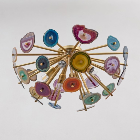 Image 1 of Plafonnier « Sputnik » de conception italienne avec sections en pierre d'agate et laiton