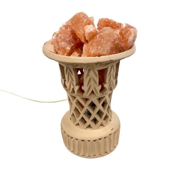 Image 1 of Lampe de sel sculptée en sel gemme naturel, céramique, vintage, faite à la main, années 1970