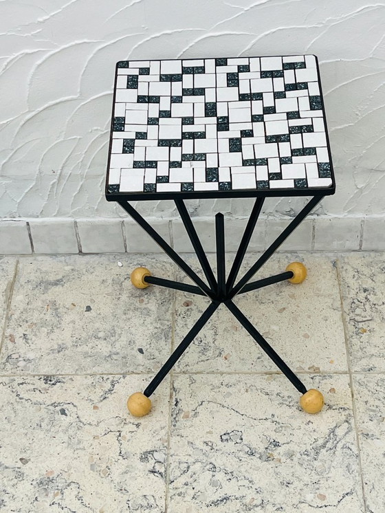 Image 1 of Wrought iron stele and black and white tiled top, 1960s