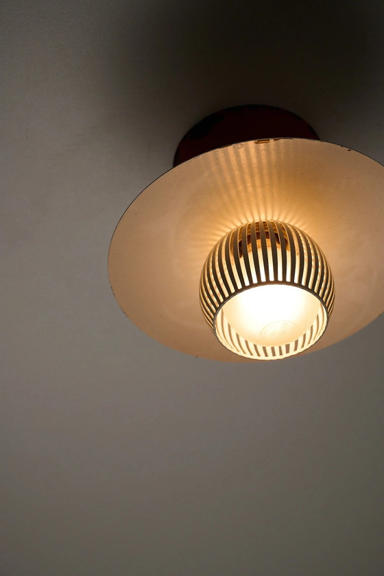 Mid-Century Flush Mount Ceiling Lamp with White Slatted Diffuser, Ceiling lights, Metal, Red (photo 4 of 6)