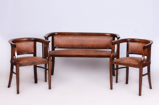 Gerestaureerde Art Deco zitset, beukenhout, opgeknapt, opnieuw bekleed, Tsjechisch, jaren 1920 – bankjes, Leather, Wood