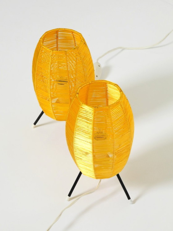 Image 1 of Two beautiful Mid Century modern tripod raffia table lamps