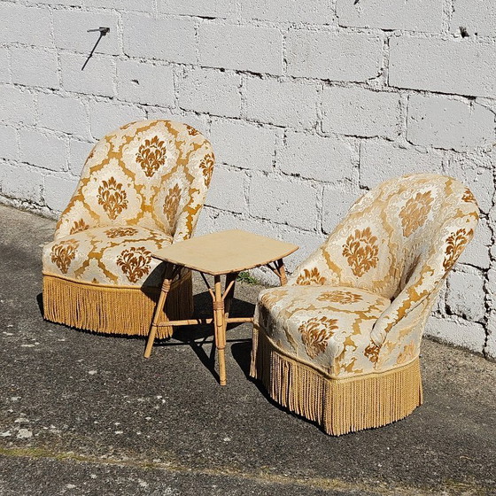Image 1 of Set of 2 French Vintage Crapaud Seater-golden beige Cocktail Chairs-Lounge Seats-Boudoir Seater-50s