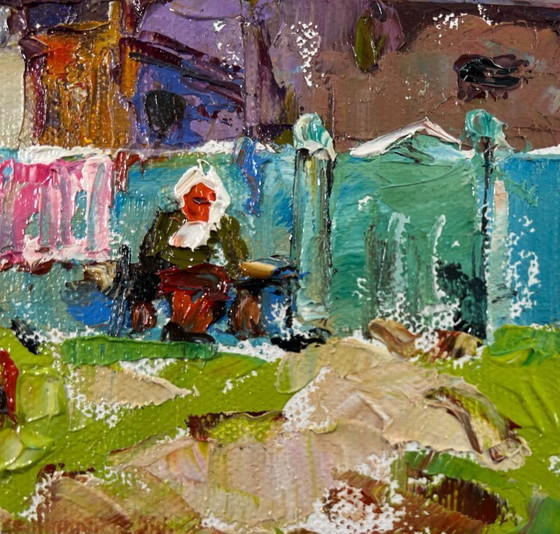Image 1 of Original Oil Painting Autumn Village Landscape Yard in Sunset Light