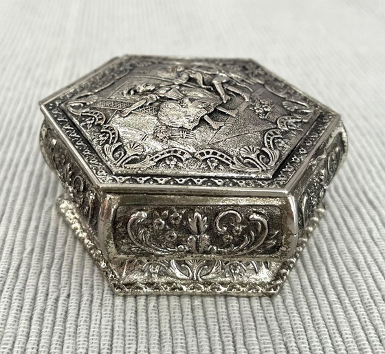 Image 1 of Antique, beautifully decorated silver-plated storage box/jewelry chest. Made in England.