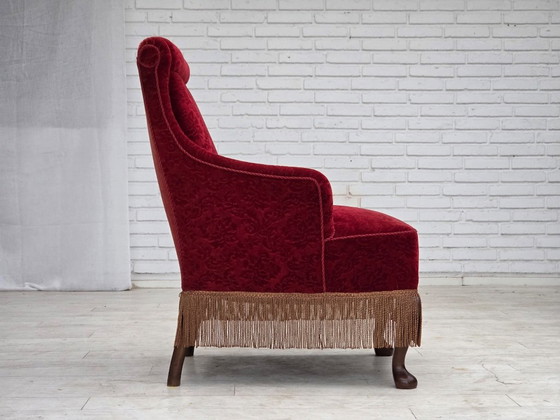 Anni '50, Poltrona vintage danese, velluto per mobili, legno di quercia., Poltrone, Rosso, Scandinavian (foto 13 di 15)