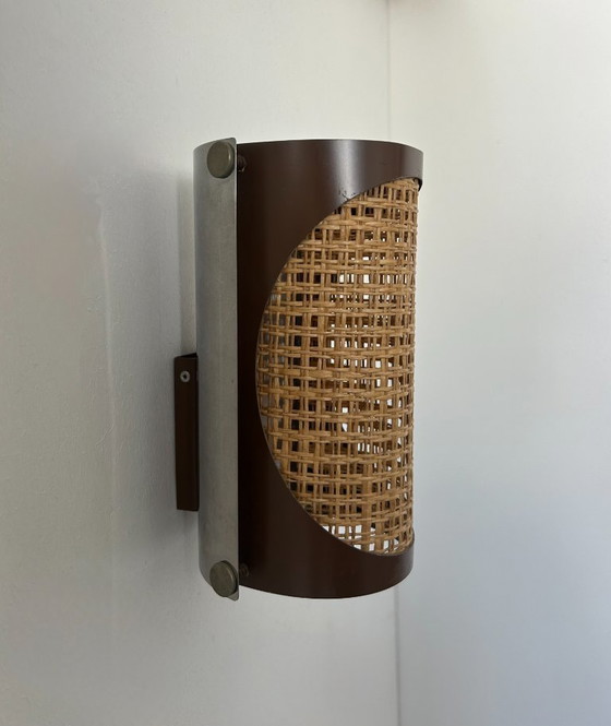 Image 1 of Pair of vintage sconces, cane and chrome, France 1970