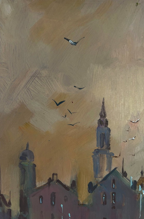 Original Oil Painting Urban Landscape Architecture River Pier City Sailboats – Paintings & Drawings, Mdf (photo 5 of 9)