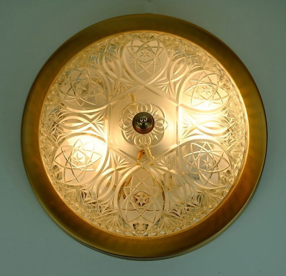 Image 1 of mid century ceiling LAMP flush mount textured glass and aluminum 1970s hollywood regency