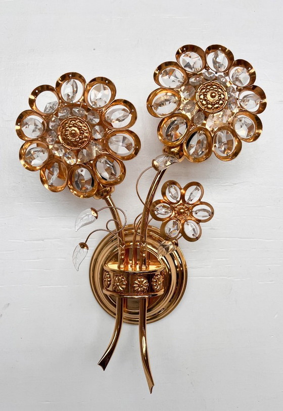 Image 1 of Brass and crystal Art Deco wall lamp attributed to PALWA, 1960s