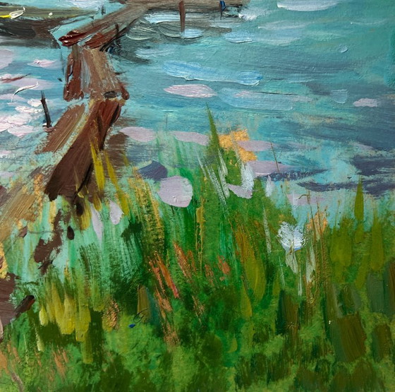 Image 1 of Dipinto ad olio originale, paesaggio costiero estivo, malinconia fluviale.