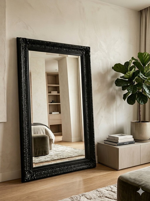 Monumental Full-length Mirror | Black Solid Wood | Handcrafted Faceted
