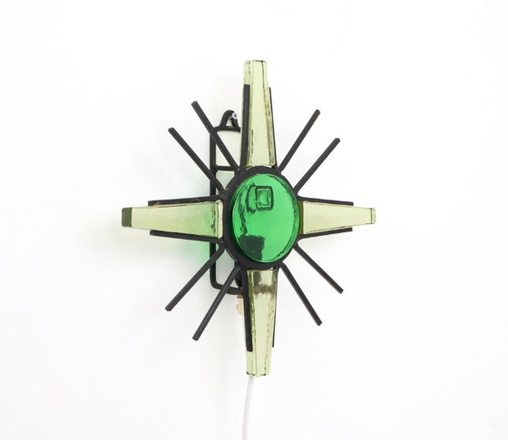 Image 1 of Vintage metal sunburst wall lamp with green glass, 1960s